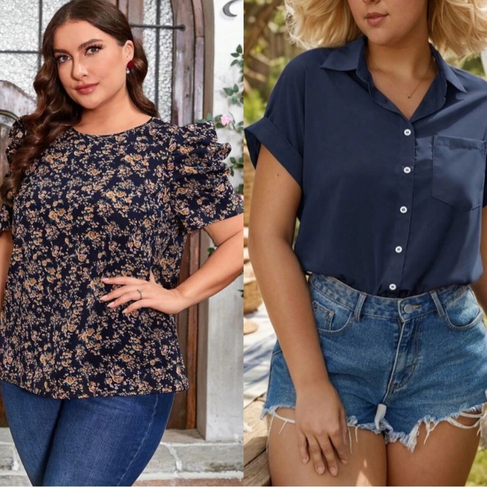 Plus Size Casual Shirt Bundle 1X Blue Button Down Floral Flowy Top Shein